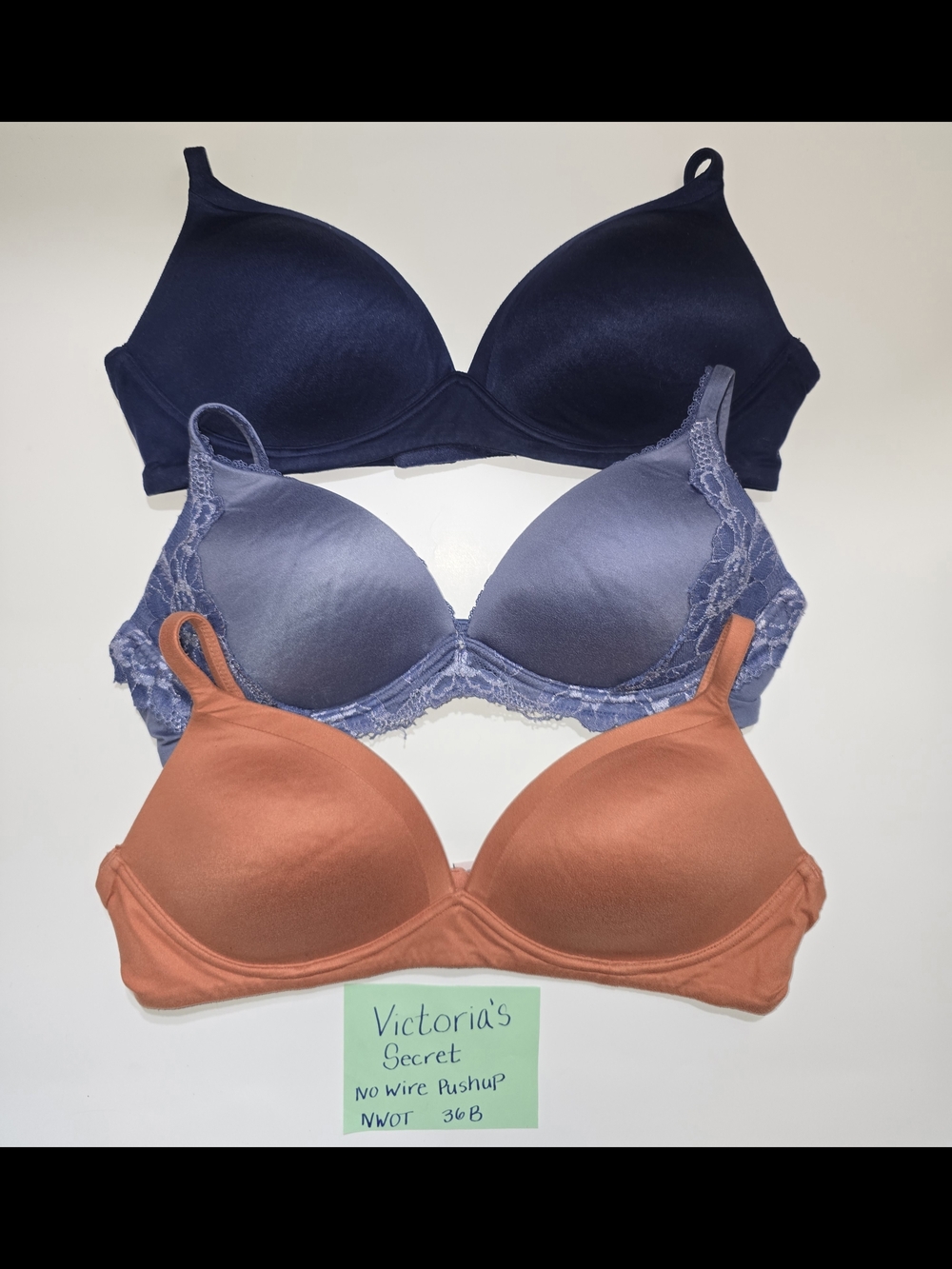Victoria's Secret No-Wire Pushup Bra Trio — Navy, Lavender, Coral